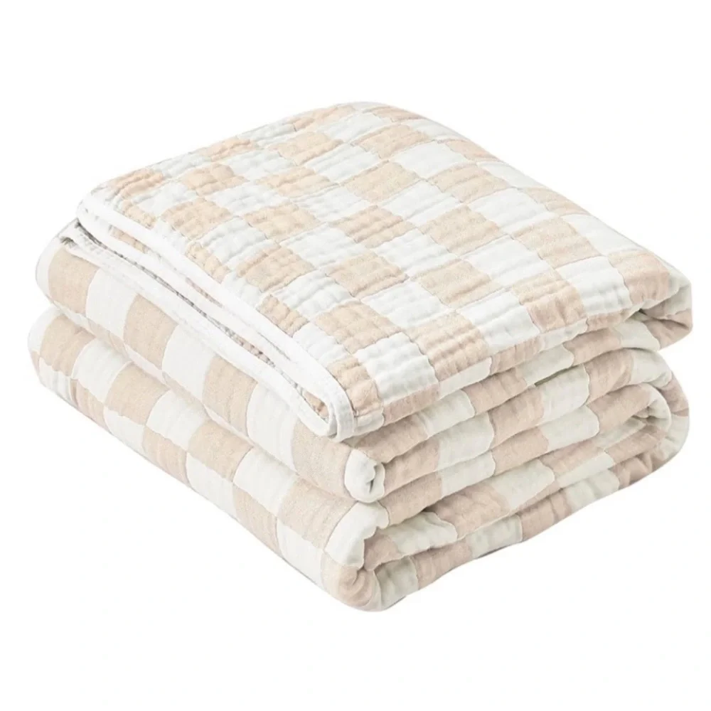 Gingham Beige + White Quilt Throw Size New Prewashed Hand Crafted Medium Check